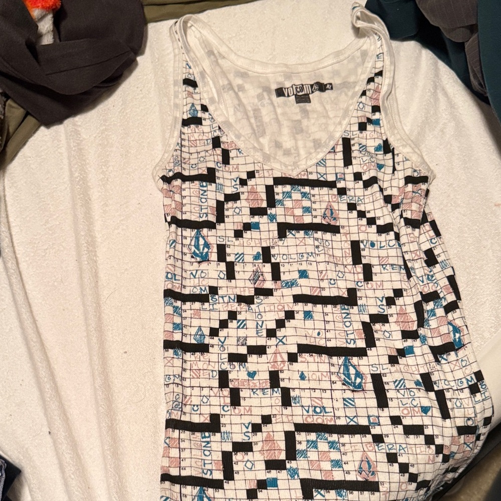 Volcom White and Black Crossword Puzzle Tank Top.